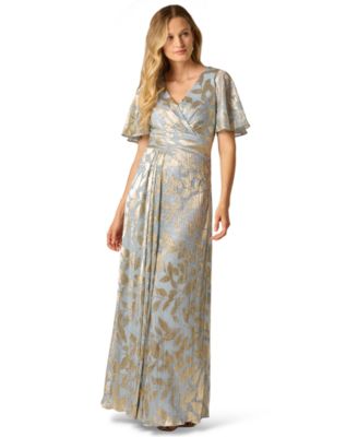 Women's Foil Leaf Flutter-Sleeve Draped Gown