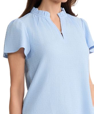 Petite Collared V-Neck Flutter Short-Sleeve Top