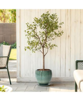 Glossy Gradient Teal Ceramic Planter, 10-Inch Tall Ridged Container with Connected Tray