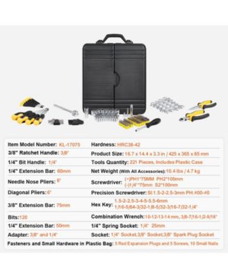 221-Piece Mechanics Tool Set, 1/4" & 3/8" Drive SAE & Metric Sockets, Bits, Wrenches, Ratchet, Accessories, Plastic Case