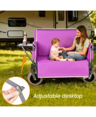 Collapsible Wagon with Bench Seat and Rear-Mounted Folding Tabletop, 500lbs Heavy-Duty, 180L Capacity for Camping, Beach and Garden