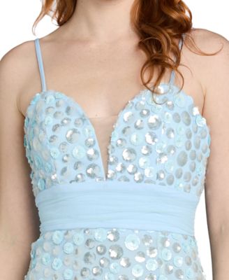 Juniors' Sequin Paillettes Front-Side Slit Long Gown