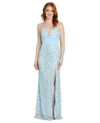 Juniors' Sequin Paillettes Front-Side Slit Long Gown