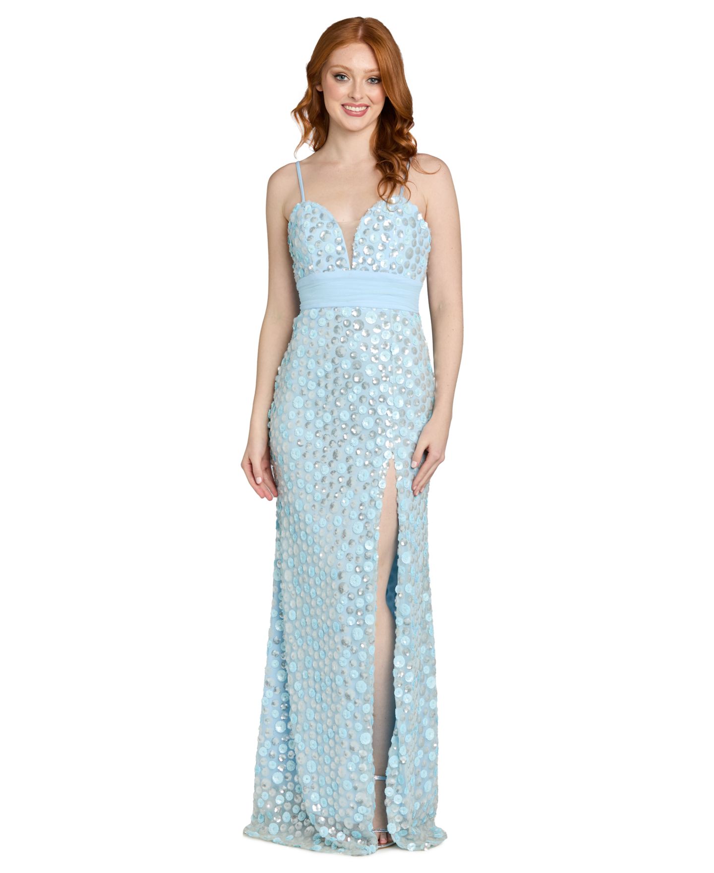Женское платье Morgan & Company Juniors' Sequin Paillettes Front-Side Slit Long Gown, цвет: Синий — фото 1