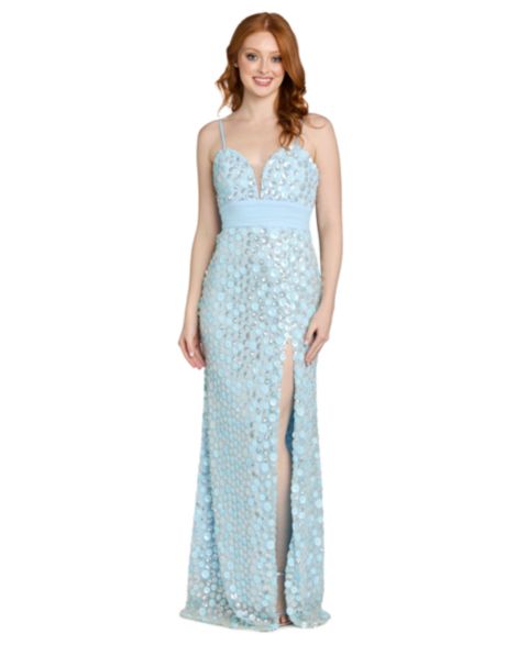 Женское платье Morgan & Company Juniors' Sequin Paillettes Front-Side Slit Long Gown, цвет: Синий