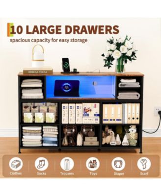 10 Fabric Drawers Dresser with LED Lights, Entertainment Center with Charging Station, Wood Top, Open Shelves, TV Stand for 40"-55" TV