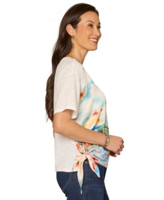 Petite Elbow-Sleeve Crewneck Printed Top