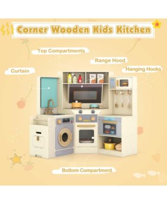 Corner Kitchen Toys with Lights & Sounds, Pull-Out Trash Can & Stove for Kids