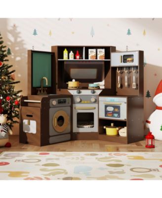 Corner Kitchen Toys with Lights & Sounds, Pull-Out Trash Can & Stove for Kids