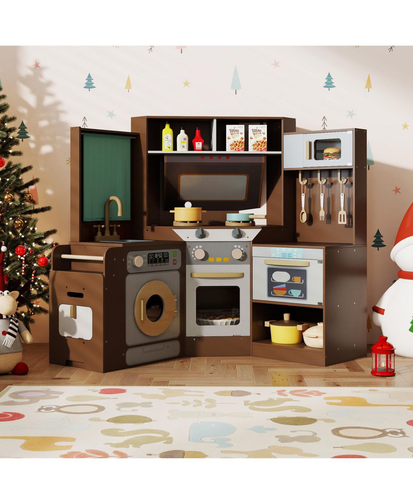 Детская игрушка Mecale Corner Wooden Play Kitchen with Lights & Sounds, Ages 3+, цвет: Коричневый — фото 2