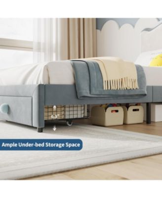 Upholstered Twin Bed Frame with Storage Drawer & Scallop Headboard, Princess Twin Size Platform Bed Frames
