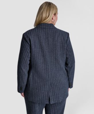 Plus Size Long-Sleeve Pinstripe Oversize One Button Blazer
