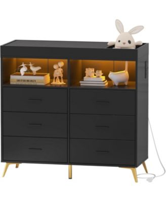 Dresser for Bedroom with 6 Drawers, Multi-Functional Nursery Dresser with LED Lights & Charging Station