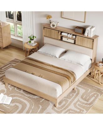 Rattan King Bed Frame with Headboard & Storage Shelves, Boho Rattan Bed Frame King Size, Solid Wooden Bed Foundation with Sliding Door Shelf
