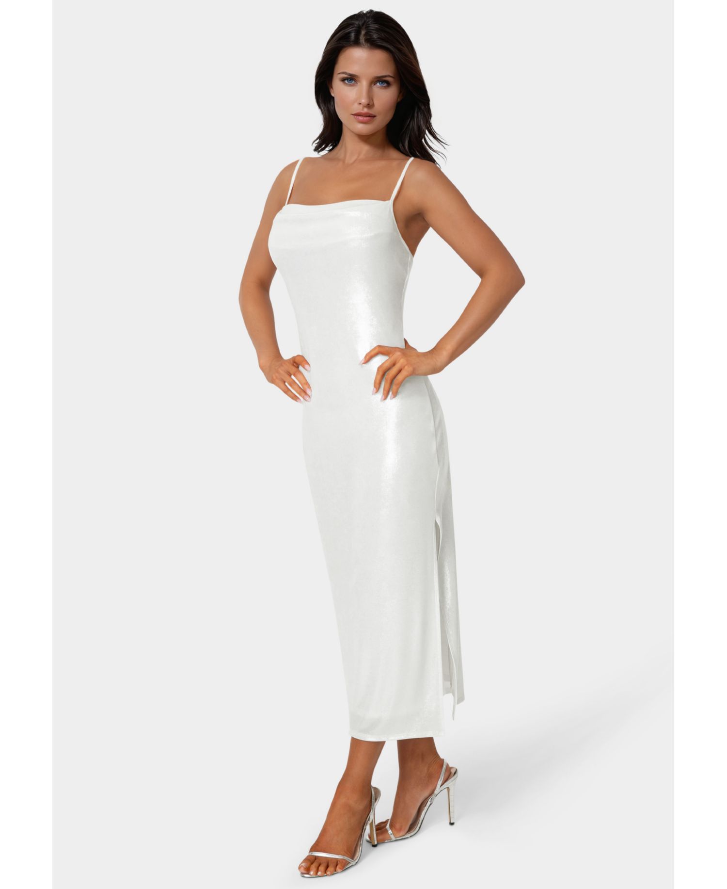 Women's Foil Metallic Slinky Cowl Maxi Dress