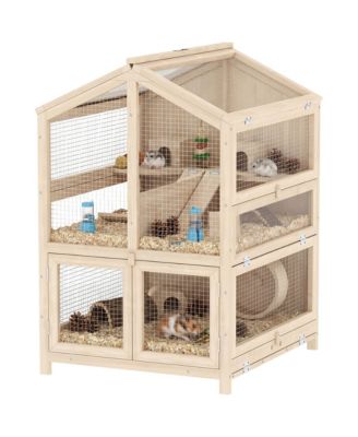 Wooden Hamster Cage 3 Tier with Pull-Out Tray, Hut, Seesaws, Ramps
