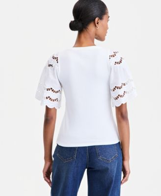 Women's Eyelet Puff Sleeve Ribbed Knit Top