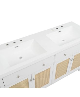 60" Double Sink Bathroom Vanity, Modern Solid Wood Freestanding Cabinet with SMC Top, Rattan Doors & Flip-Out Tray