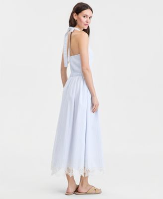 Women's Cotton Maritime Stripe Halter Lace-Trim Midi Dress