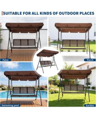 Porch Swing with Adjustable Canopy for Adults 3-Seat Outdoor Waterproof Textilene & Steel Frame Patio Swing Bench for Backyard Garden