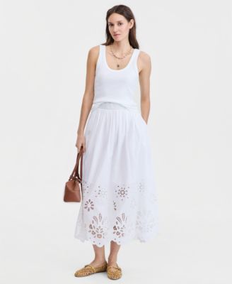 Women's Cotton Solid Eyelet Midi Skirt