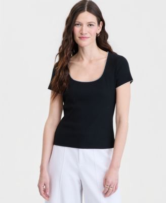 Women's Scoop-Neck Rib Contrast-Stitch Top