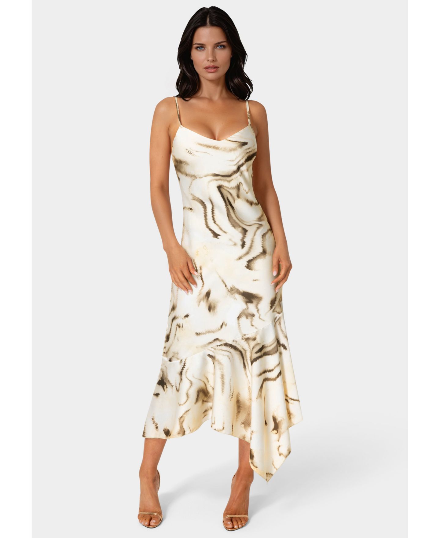 Женское платье Bebe Printed Satin V-Neck Hanky, цвет: Рыжевато-коричневый разноцветный — фото 1