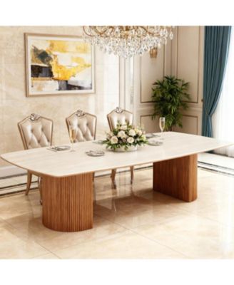 78.74" Travertine Slab Dining Table for 8-10, Travertine Slab Tabletop & Semi-Circular Stripe Base