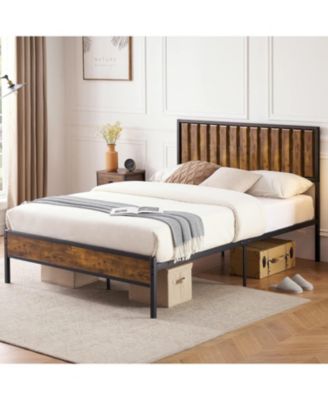 Full Size Bed Frame with Wooden Headboard, Metal Platform Bed with 14 Heavy-Duty Slats, Durable, Noise-Free, No Box Spring Required