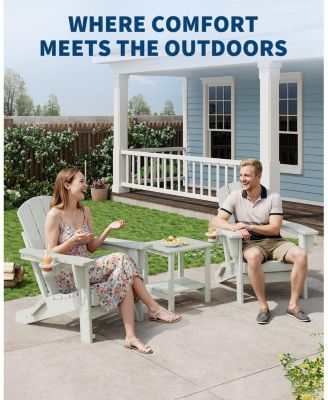 Folding Adirondack Chair Set of 2 with Side Table, All Weather Resistent Wooden Textured HDPE Outdoor Patio Chair with Cup Holder