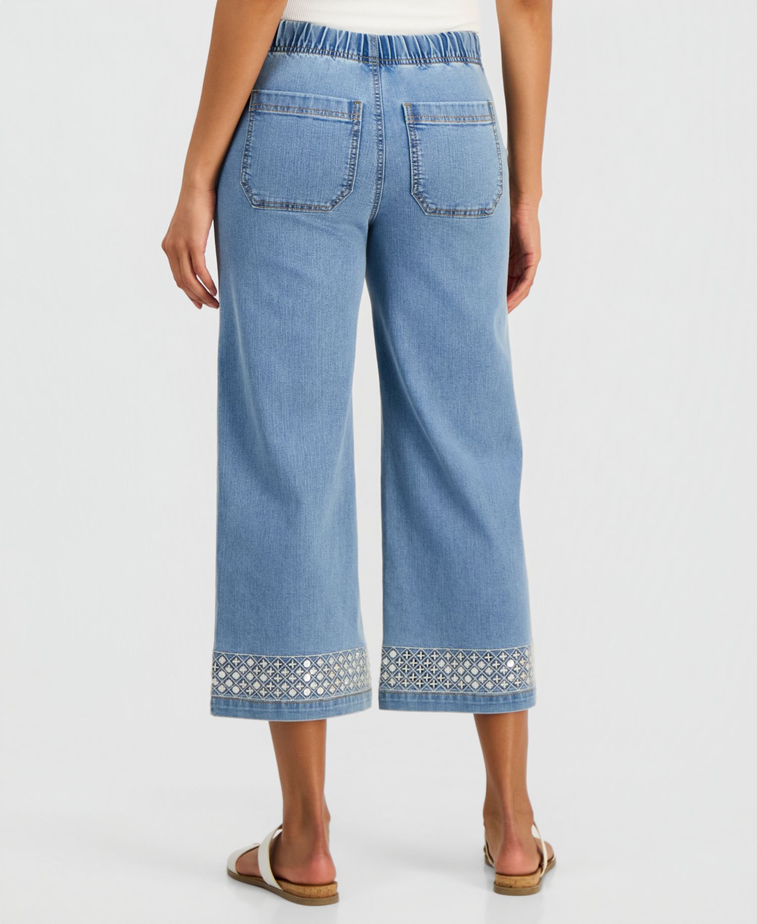 Women's Sequined Pull-On High-Rise Cropped Wide Leg Jeans
