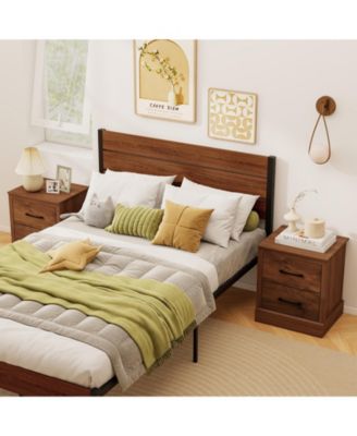 Set of 2 Drawer Nightstand Bedside Table Compact Sofa End Table Rustic Walnut