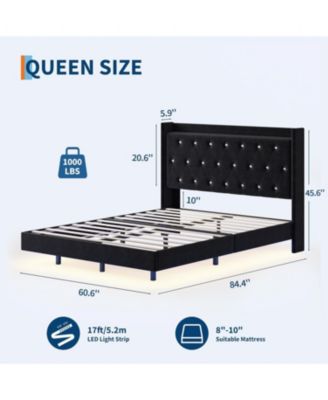 Queen Floating Bed Frame LED Lights Velvet Upholstered Platform Storage Headboard No Box Spring Noise-Free