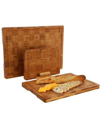 3 Piece Bamboo Checkered Pattern Cutting Board Set with Storage Holder