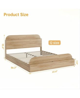 Queen Size Bed Frame, Wooden Bed with Storage Headboard and Footboard, Floor-Low Platform Bed with Wooden Slats Design, No Box Spring Needed