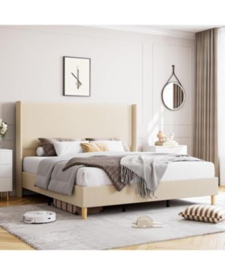 Queen Size Corduroy Upholstered Platform Bed- 51-Inch-Tall Wingback Headboard- Wooden Slats- Noise Free- No Box Spring Needed