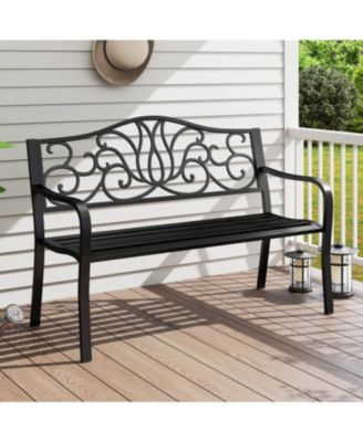 Outdoor 50 Inch Patio Bench with Floral Design Back and Slats