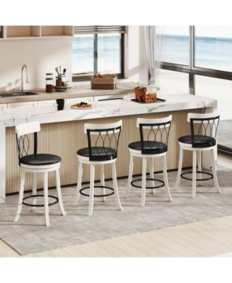 26'' Set of 4 Bar Stools w/ Footrest Rubber Wood Frame & Tufted Rivets