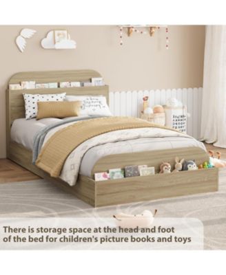 Bed Frame Wooden Storage Headboard Low Platform Sturdy Slats No Box Spring Space-Saving