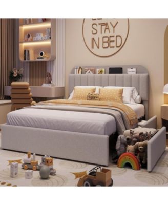 Bed Frame Storage Headboard 2 Drawers Boucle Upholstered Platform Bookcase Sturdy Noise-Free No Box Spring