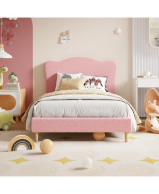 Full Bed Frame for Bedroom Cute Scallop Headboard Soft Berber Fleece Fabric Sturdy Platform Wooden Slats Noise-Free No Box Spring