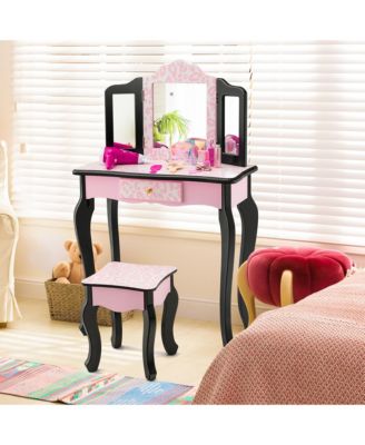 Kid Vanity Set Wooden Makeup Table Stool Tri-Folding Mirror