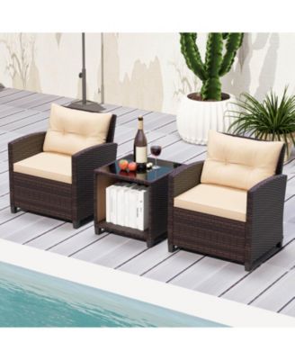 3 PCS Patio Sofa Set with Cushions & Tempered Glass Tabletop for Backyard