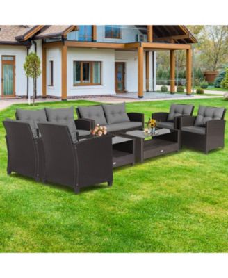 8 PCS Patio Rattan Furniture Set Glass Table Shelf Sofa Cushion