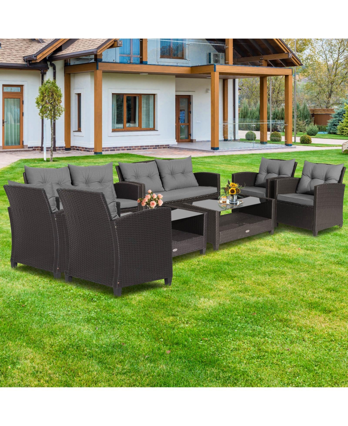 Pcs Patio Rattan Furniture Set Glass Table Shelf Sofa Cushion