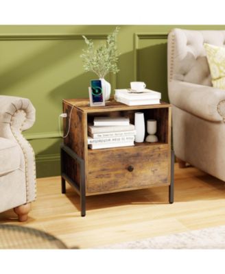Nightstand with Charging Station Bedside Table with Storage Shelf Side Table