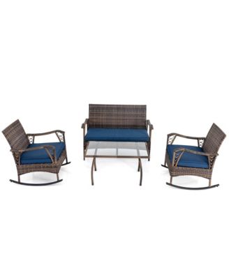 4 PCS Wicker Rocking Set with Loveseat & Coffee Table Heavy-Duty Metal Frame