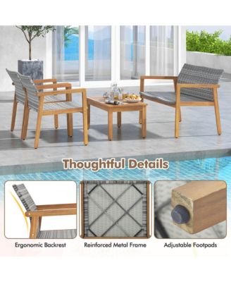 5 PCS Outdoor Furniture Set Rattan Chairs & Ottomans with Glass Topped Coffee Table