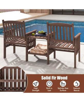 Outdoor Fir Wood Loveseat with 2-Tier Side Table and 1.96" Umbrella Hole