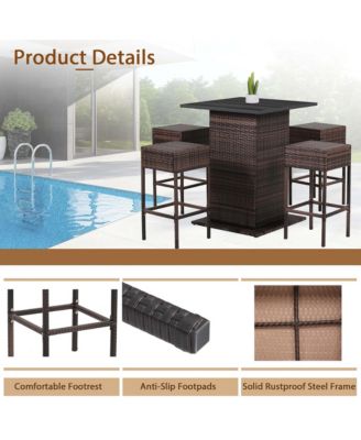 5PCS Patio Rattan Bar Table Stool Set Hidden Storage Shelf Cushion